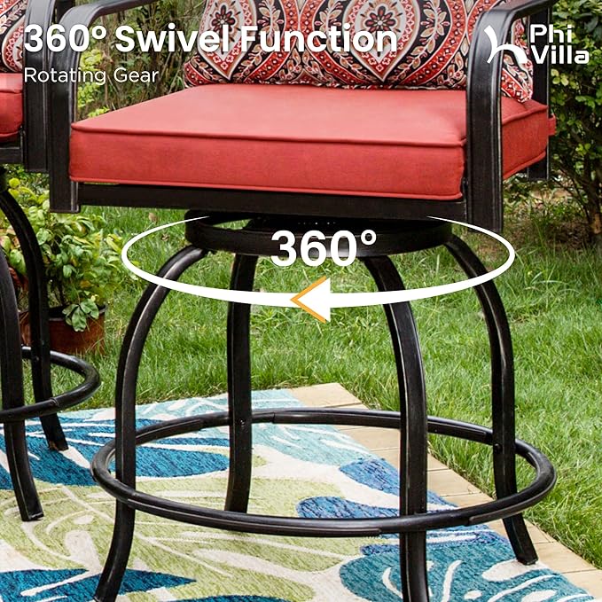 PHI VILLA 5 Piece Outdoor Bar Furniture Set, Counter-Height Patio Bistro Table & Swivel Bar Stools Chairs with Red Cushion for Garden, Backyard, Deck