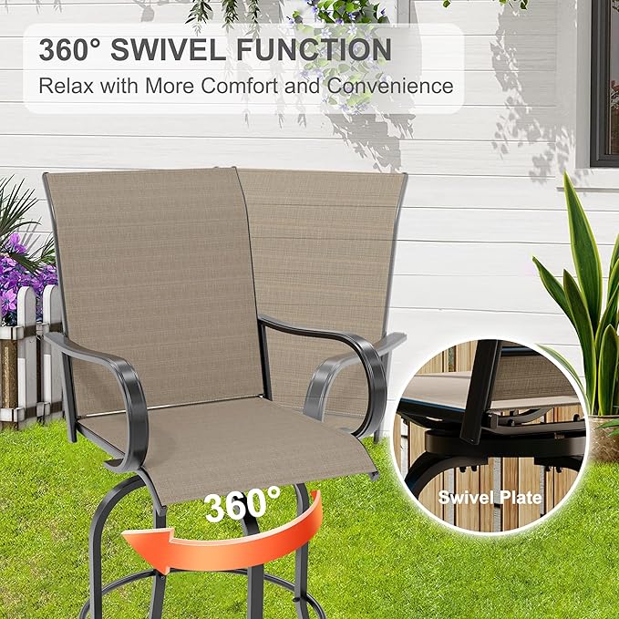 3 PCS Patio Swivel Bar Stools Set, 3 Piece Swivel Outdoor Table and Chairs Bar Set, All Weather Textile Fabric Outdoor High Stool Bistro Set with High Glass Bar Table for Lawn, Garden, Balcony