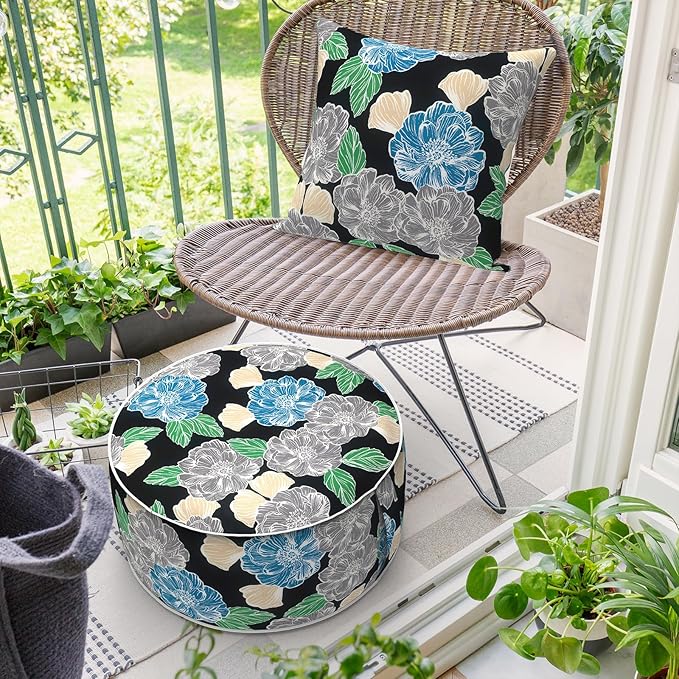 Inflatable Ottoman Stool D21 xH9 for Outdoor/Indoor Use, Water Repellent Patio Foot Rest with Portable Handle,Round Pouf Ottoman Suitable for Garden,Deck and Camping-Peony Garden
