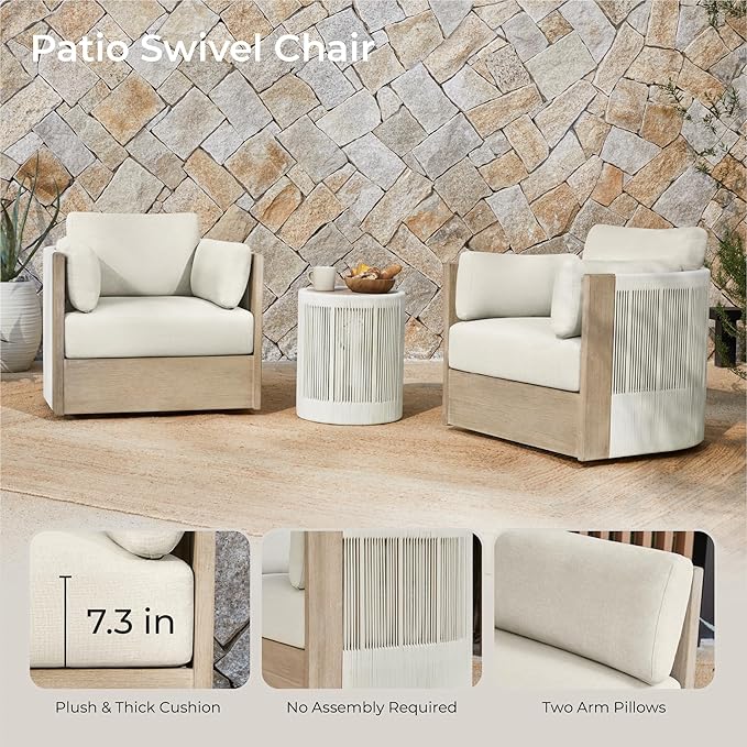 CHITA Boho Patio Rattan 360° Swivel Chair, Outdoor Wicker Furniture with 7.9″ Thickened Cushions and 2 Arm Pillows, Acacia Wood Frame, Fully Assembled(Cream)