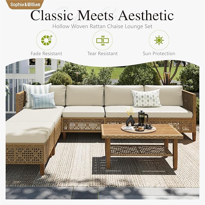 Sophia & William Outdoor Rattan Sofa Set with Thick Cushions & Coffee Table – Weather-Resistant Patio, Garden & Deck Furniture (Beige)