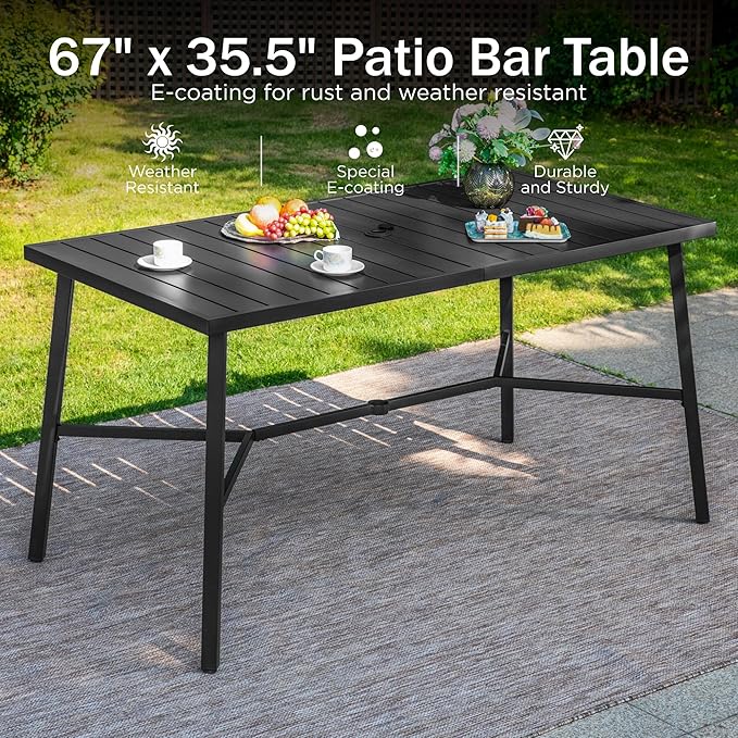 PHI VILLA 7 Piece Outdoor Bar Set, Counter Height Patio Bar Furniture with Rattan Wicker Swivel Bar Stools Cushioned Chairs Grey & Rectangle Bar Dining Table for Garden,Yard and Deck