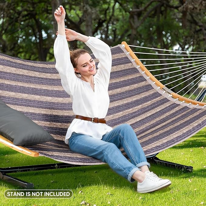 SUNCREAT Hammocks Portable Double Hammock with Curved Spreader Bar, 450 lbs Capacity, Heavy Duty Outdoor Hammock with Carrying Bag, Gray Stripes