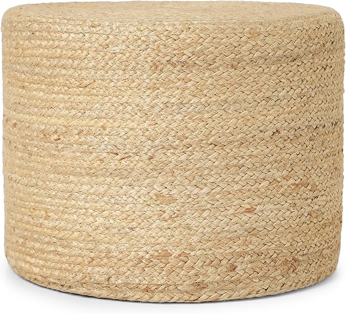 REDEARTH · Cylindrical Pouf Foot Stool Ottoman - Jute Braided Pouffe Poof Accent Sitting Footrest for Living Room, Bedroom, Nursery, Patio, Lounge & Other Rooms (Natural, 18"X18"X14")