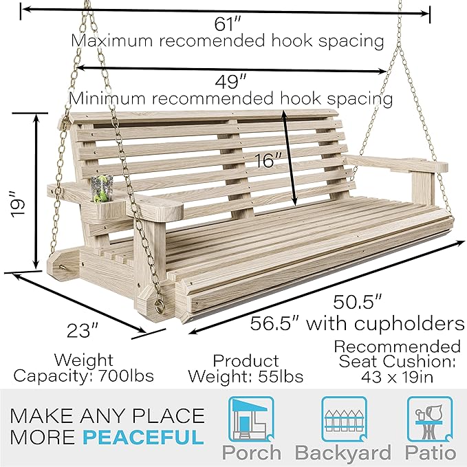 Porchgate Amish Heavy Duty 800 Lb Roll Comfort Treated Porch Swing W/Chains (4 Foot, Unfinished)