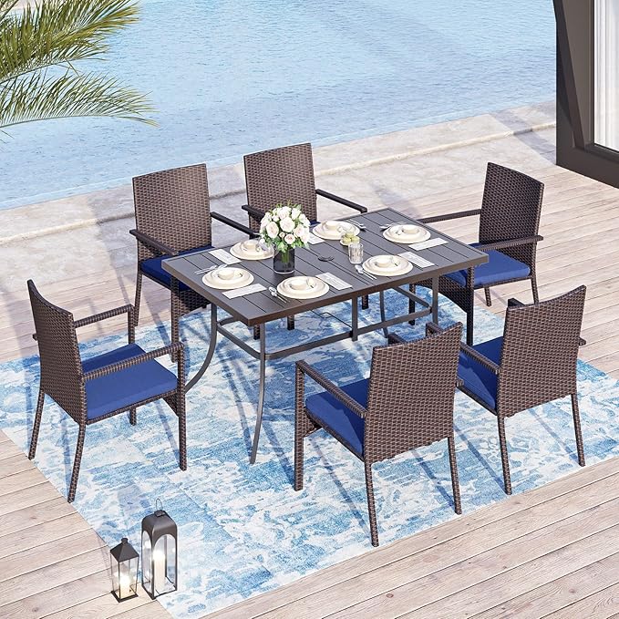 Sophia & William Patio Outdoor Table and Chairs Set with Umbrella Navy, Patio Dining Sets for 6, 7 Pieces Patio Table Set for Backyard Deck Porch Outside, Metal Table with Cushioned Rattan Chairs