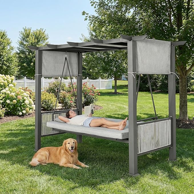 Pamapic 2-in-1 Convertible Porch Swing Bed, 3-Seat Elegant Patio Swing with Wicker Armrests, Outdoor Chair with Adjustable Canopy for Balcony, Garden, and Poolside, Gray