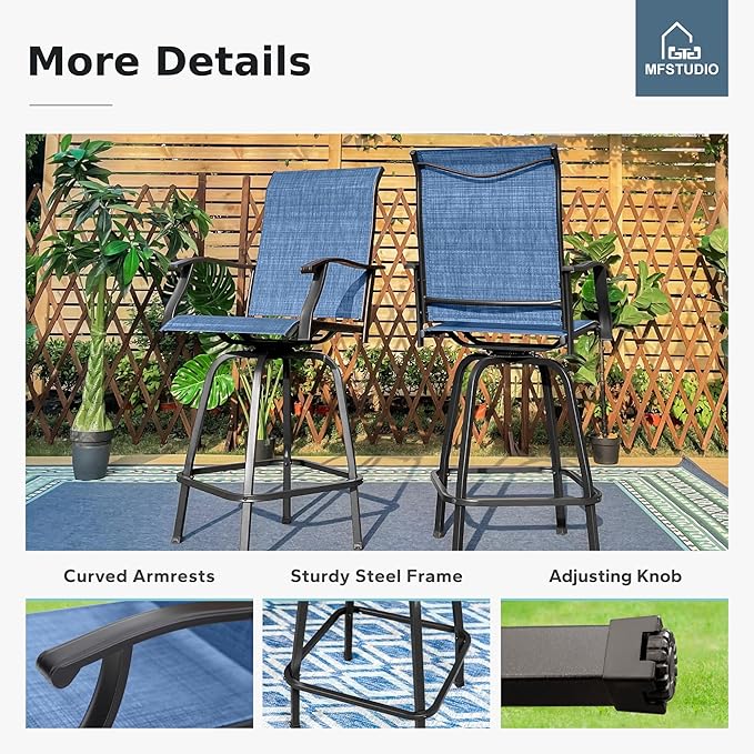 MFSTUDIO Outdoor Bar Stools Set of 4, Swivel Bar Height Patio Chairs Outdoor Barstools High Top Patio Swivel Bar Chairs, Breathable Textilene, Navy Blue