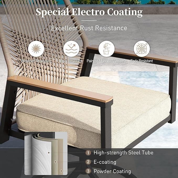 9 Pieces Patio Dining Set, 8 x Woven Rattan Chairs with Waterproof Cushion, 83" Rectangular Metal Dining Table with Umbrella Hole, Outdoor Table and Chairs Set for Backyard Lawn and Deck, Beige