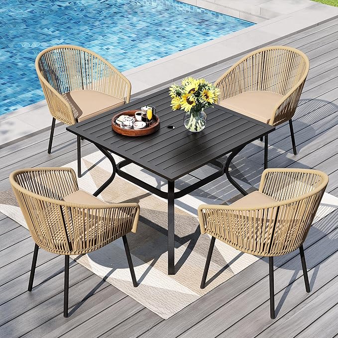 PHI VILLA 5 Piece Outdoor Dining Set for 4, 37" Square Metal Wrought Iron Table with Umbrella Hole & Brown Wicker Chairs with Cushions, Modern Outside Furniture for Patio, Deck, Backyard, Porch
