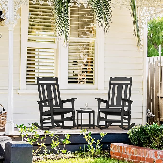 LUE BONA Outdoor Rocking Chairs Set of 4, Weather Resistant HDPS Poly Rocker Chairs, 350lb Heavy Duty, Oversized Porch Rocker for Adult, High Back Smooth Rocking Chairs for Outdoor & Indoor, Black