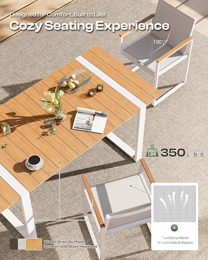 Outdoor Dining Set, HDPS + Aluminum Patio Table and Chairs Set with U-Shaped Base, 7 Piece Outdoor Furniture Set with Umbrella Hole, Patio Dining Table Set for Garden, Backyard (White-Teak)