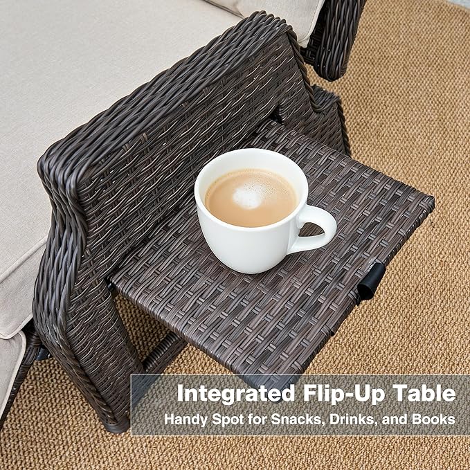 Outdoor Indoor Wicker Recliner with Adjustable Back and Footrest, Patio Reclining Chair with Flip-up Table, Outdoor Rattan Lounge Chair, Upgrade Beige