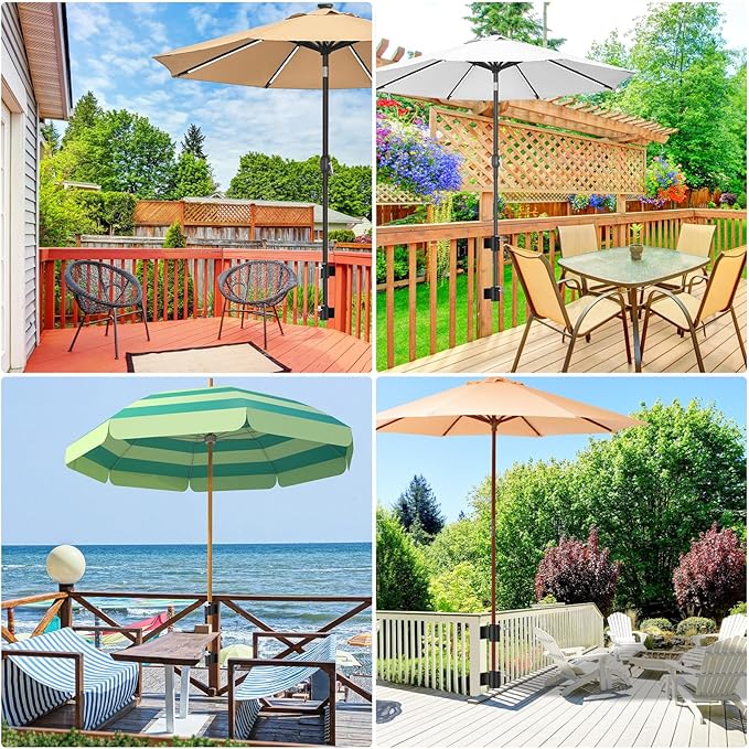 Heavy Duty Deck Railing Umbrella Holder, Patio Umbrella Stand for 1-2 Inch Poles, Space-Saving Design, Secure & Sturdy Post Flat Mount for Deck Railing, Balcony, Outdoor Courtyard, Fences