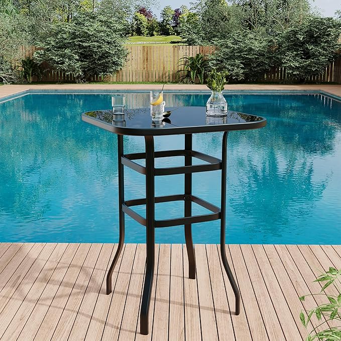 5 Piece Outdoor High Top Bar Set, 5 Pieces Outdoor Swivel Bar Set with 4 Swivel Chairs and Glass Top Table, All Weather Textile Fabric Outdoor Bar Height Chairs and Table Set of 5 for Deck, Backyard