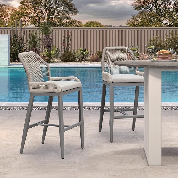 PURPLE LEAF Patio Bar Stool Counter Height Set of 2 Outdoor Rattan Chairs with Back Modern Aluminum Woven Barstools for Garden Indoor Kitchen Light Gray