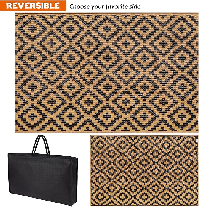 SAND MINE Waterproof Outdoor Rug 4x6 ft, Plastic Straw Area Rug, Large Floor Mat for Outdoors, RV, Patio, Backyard, Deck, Picnic, Beach, Trailer, Camping, Black & Brown Lattice