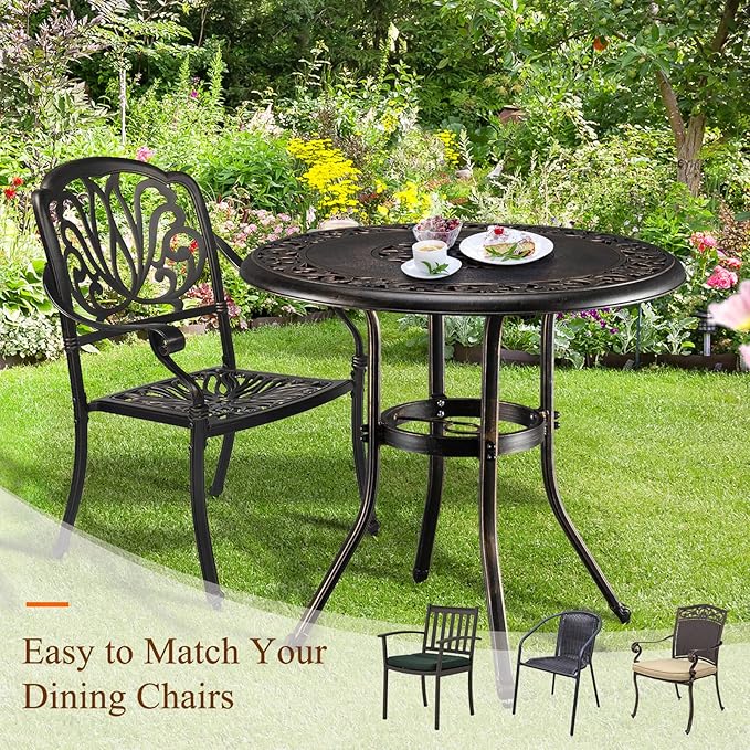 VINGLI 32" Outdoor Dining Table, Round Patio DiningTable with Umbrella Hole, Cast Aluminum Outdoor Bistro Table Patio Furniture Garden Table (Bronze, 32" Dia x 29 H) (Bronze)