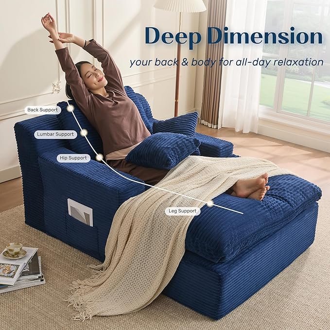 63" Chaise Lounge Chair Indoor, Set of Convertible Sleeper Sofa Couch with Throw Pillows & Side Pockets, Corduroy Upholstered Oversized Sofa Bed with Armrests for Living Room Bedroom, Blue