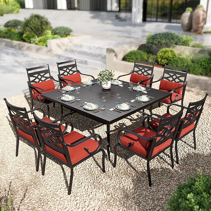 PHI VILLA 9 Pieces Outdoor Dining Set for 8, 60" Square Black Metal Table with Umbrella Hole & Wrought Iron Chairs, All Weather Outside Furniture with Red Cushions & Pillows for Patio, Deck, Porch