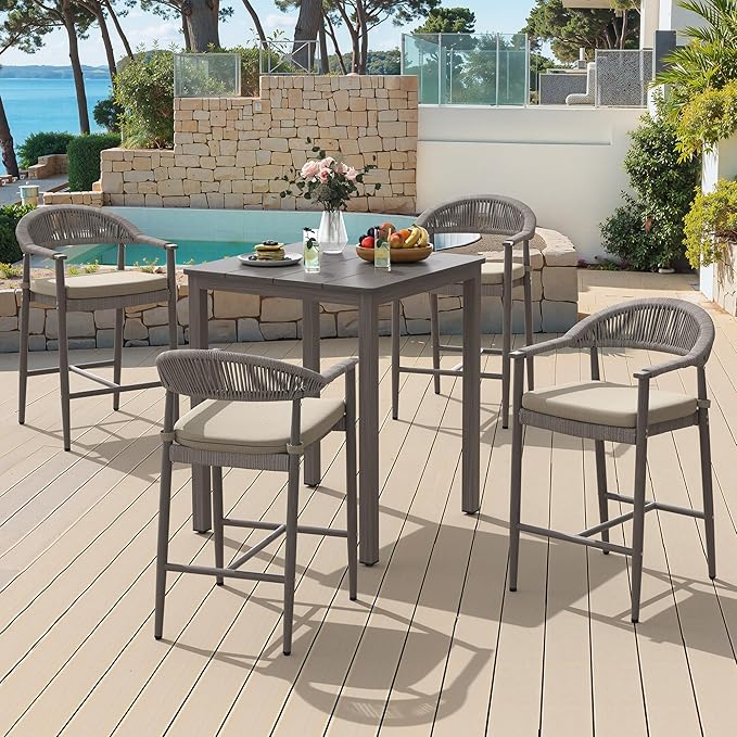 5-Piece Outdoor Patio Furniture Set, 4 Rattan Bar Stools with Footrest & 1 Table, Aluminum Frame with Removable Cushions, Grey