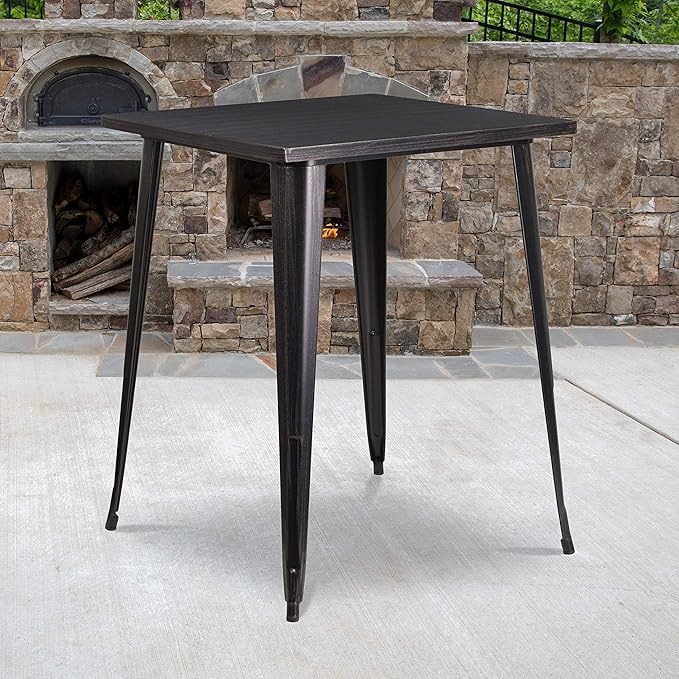EMMA + OLIVER Commercial Grade 31.5" Square Black-Gold Metal Indoor-Outdoor Bar Height Table