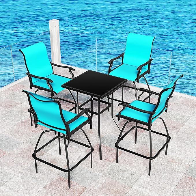 LEVELEVE Patio Bar Set 2pcs Swivel Bar Stools Outdoor Bistro Textilene Furniture Stability All-Weather Set (5, Lake Blue Padded)