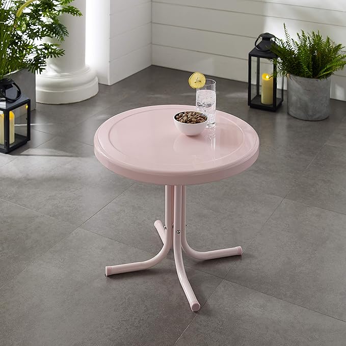 Crosley Furniture Griffith Weather Resistant Retro Metal Outdoor Side Table for Patio, Deck, Porch, Pink