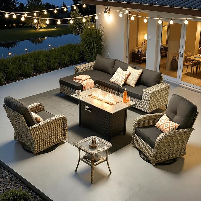 ovios 8-Piece Patio Furniture Set with L-Shape Sofa Chaise, Outdoor Sectional Couch Swivel Gliders Fire Pit Table, Modern Modular Wicker Rattan Conversation Set, Black