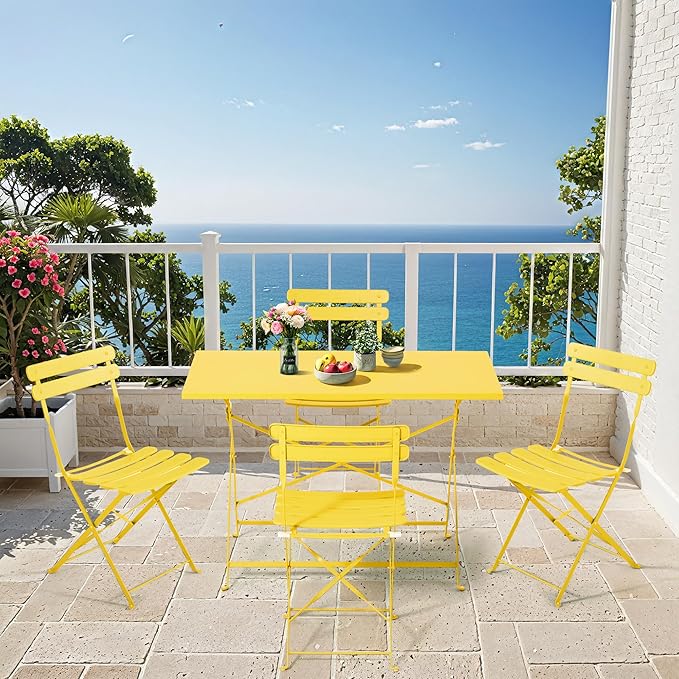 MELLCOM 5-Piece Foldable Patio Dining Set with Rectangular Table and Chairs, Weather-Resistant Iron Outdoor Dining Set for 4 People, Outdoor Table and Chairs for Patio, Yard, Indoor, Yellow