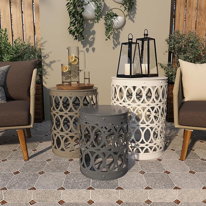 Deco 79 Metal Side End Accent Table Indoor Outdoor Nesting End Table with Carved Trellis Design, Set of 3 Side Table 23", 19", 15"H, Multi Colored
