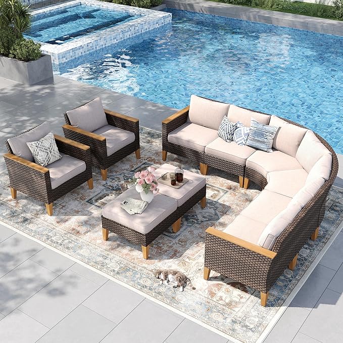 PHI VILLA 9-Piece Wicker Patio Furniture Set, Outdoor Half-Moon Curved Sectional Sofa with Thick Beige Cushions, 2 Ottomans, 2 Single Seats, Large Conversation Seating for Garden or Backyard