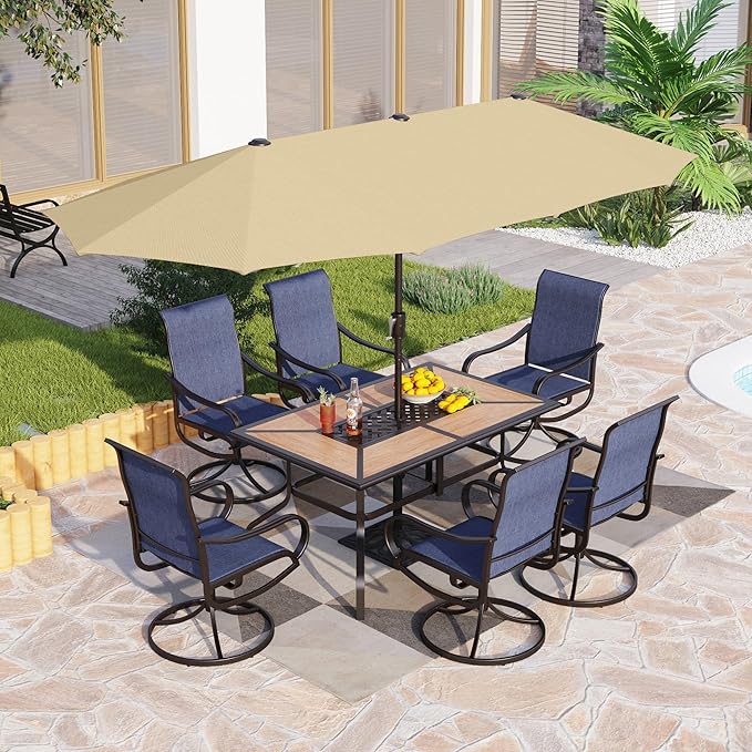 PHI VILLA Patio Dining Set with Umbrella for 6 Person, Outdoor Swivel Dining Chairs & 1 Large Wooden-Like Top Table with 13ft Beige Outdoor Umbrella(No Base) for Deck Lawn Garden Backyard