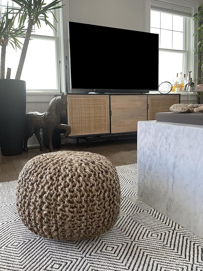 S & L Homes Pouf Ottoman - 100% Natural Jute Braided- Footrest Pouf Hand Knitted - Traditional Cord Boho Pouffe - for The Living Room, Bedroom, Nursery, Patio, Lounge (20" x 20" x 14")