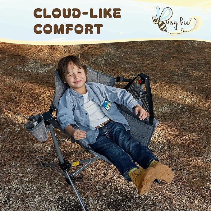 BusyBee Hammock Camping Chairs for Kids, Folding Kids Chair with Stand, Child Camping Gear, Hammock Swing Chair with Cup Holder & Carrying Bag for Outdoor, Lawn, Hiking, Indoor, Supports 125 LBS, Grey