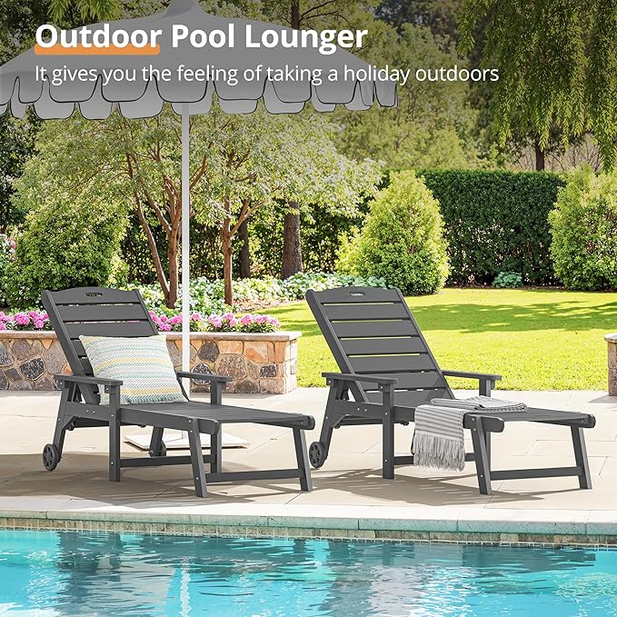 LUE BONA Chaise Lounge Chair with Table, 3-Piece, HDPS Chaise Lounger, 5 Positions Adjustable Lounge Chairs, Pool Lounge Chair with Wheels for Poolside, Backyard, Dark Gray