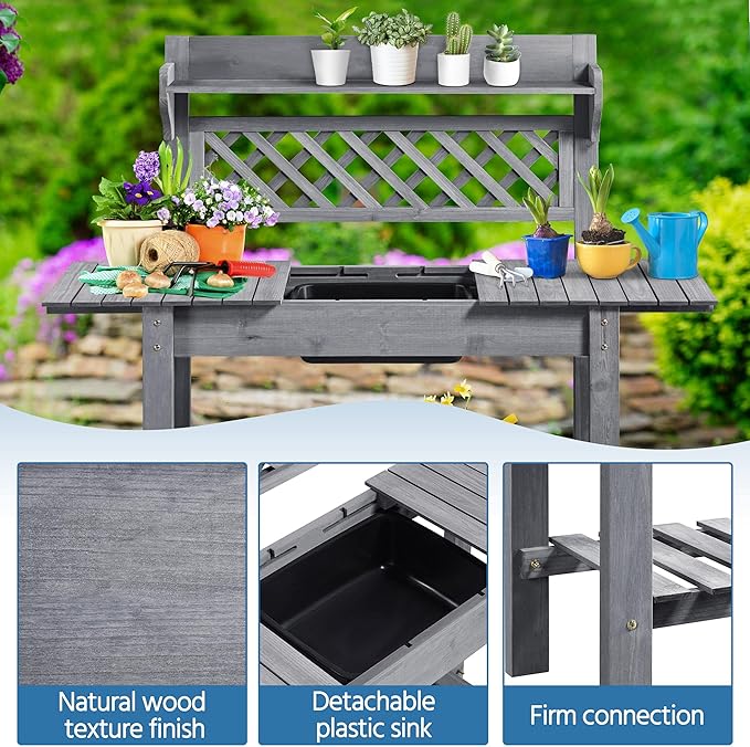 Yaheetech Potting Bench Table Outdoor Garden Potting Table Wooden Workstation w/Sliding Tabletop Removable Sink w/Storage Shelf Flower Pot Bench Mobile Garden Potting Bench Gray