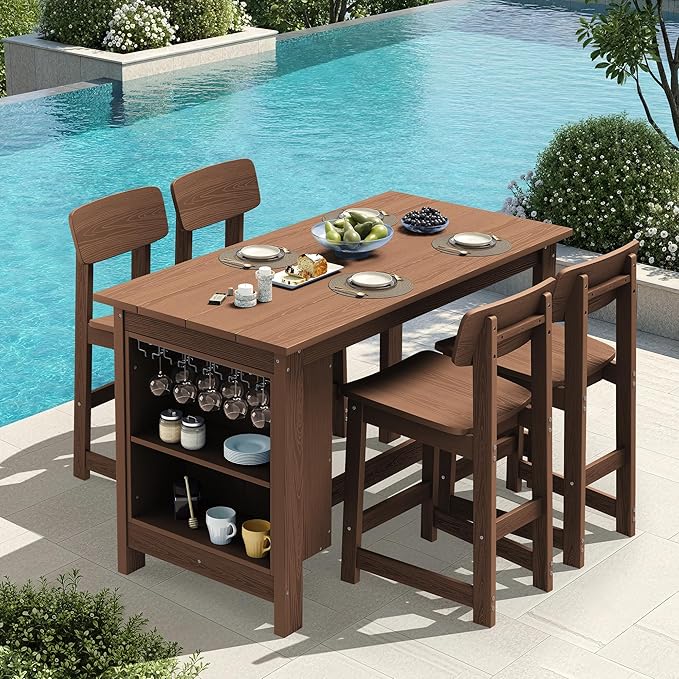 SERWALL 8-Piece HDPE Counter Height Dining Table Sets with Storage and Wine Rack, 2 Rectangular Bar Table with Bar Stools Set of 6 for Garden, Backyard, Kitchen, Brown