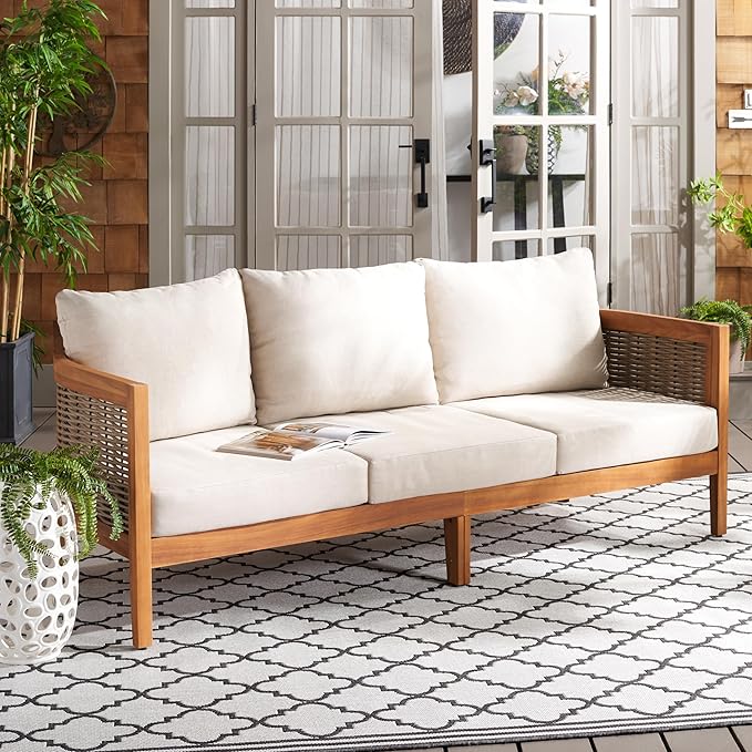 SAFAVIEH Outdoor Collection Amanda Natural Acacia Solid Wood/Taupe Cushion 3-Seater Sofa