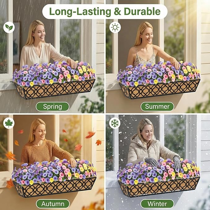 Y&M 30 inch Window Planter Box 4Pcs Iron Window Deck Railing Planter with Coco Liner, Metal Horse Troughs Fence Planter for Outdoor Balcony Rail Fence Porch Patio