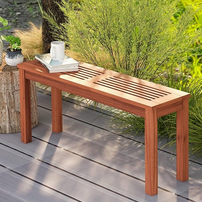 Tangkula Patio Wood Bench, 2-Person Solid Wood Bench with Slatted Seat, 39.5" Long Loveseat with Stable Wood Frame, Indoor Outdoor Dining Bench for Backyard, Poolside, Entryway (1)