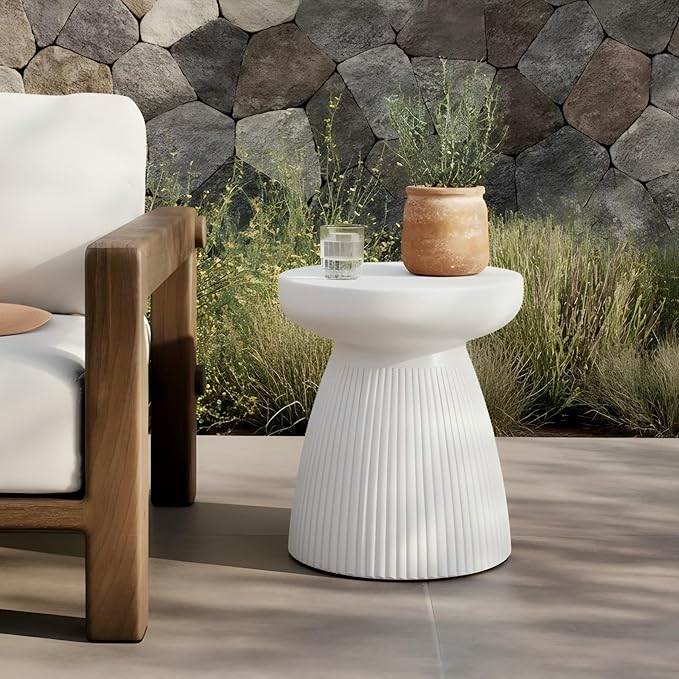Christopher Knight Home Luce Round Side Table, Outdoor Concrete End Table, Vertical Texture Accent Table, Decorative Side Table, Stylish End Table for Patio Balcony Beach Pool Side, White