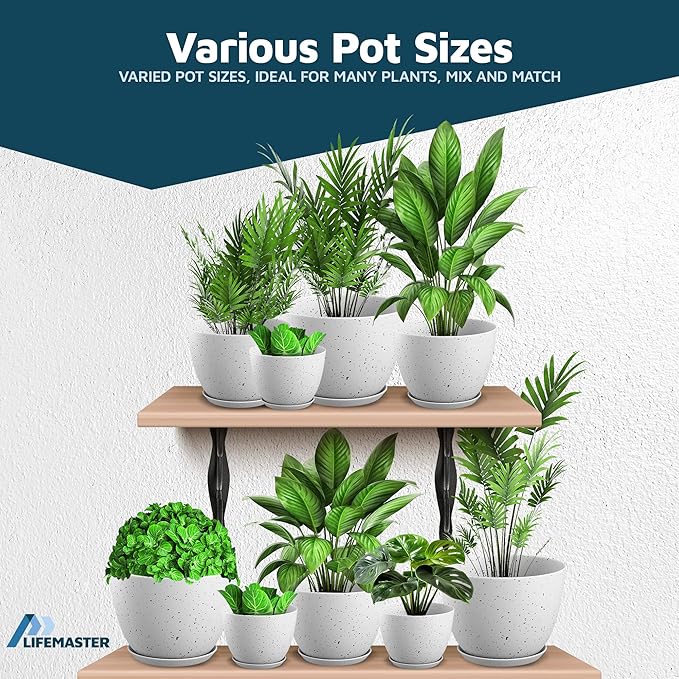 White Gray Plant Pots with Drainage Holes & Saucers 15 Pack, Indoor & Outdoor Stackable Space-Saving Planters for Houseplants & Flowers, (7", 6.7", 6", 5.3", and 4.8" Inches), Durable & Weatherproof