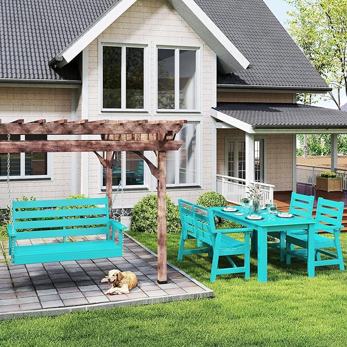 IVY&LANE Outdoor Porch Swing | HDPE Plastic | 2-Person | Hanging Bench Swings | Weatherproof | 4 Stainless Steel Chains | Aqua | for Outside Patio Garden Backyard Tree