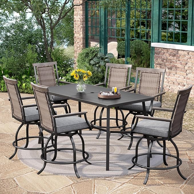 PHI VILLA 7 Piece Outdoor Bar Set, Counter Height Patio Bar Furniture with Rattan Wicker Swivel Bar Stools Cushioned Chairs Grey & Rectangle Bar Dining Table for Garden,Yard and Deck