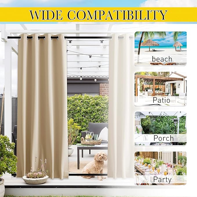 NICETOWN 2 Panels Outdoor Patio Curtains Windproof & Waterproof, Top & Bottom Grommet & Back Tab Light Blocking Thermal Drapes Privacy for Yard/Porch with Ropes for Fixed, Biscotti Beige, W46 x L63