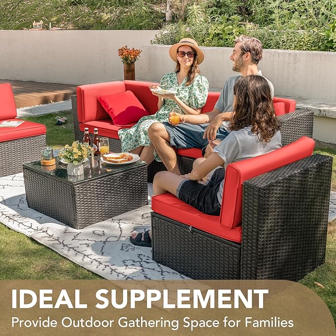 Devoko Patio Furniture Sets 6 Pieces Outdoor Sectional Rattan Sofa Manual Weaving Wicker Patio Conversation Set with Glass Table and Cushion (Red)