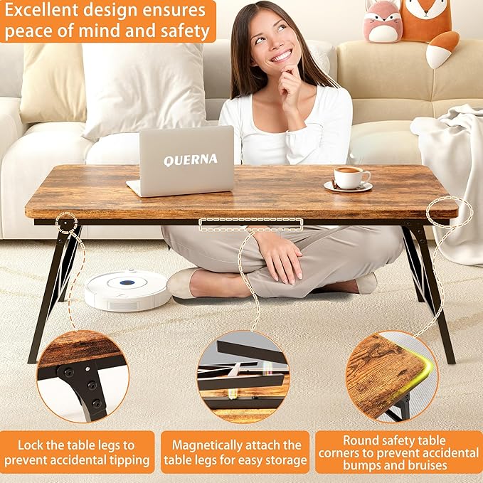Folding Coffee Table, No Assembly Low Coffee Table, Floor Table Desk for Sitting on The Floor, Portable Floor Table for Living Room, Home, Caravan and use, 31.5L‘ x 15.8W’ x 15.8H’