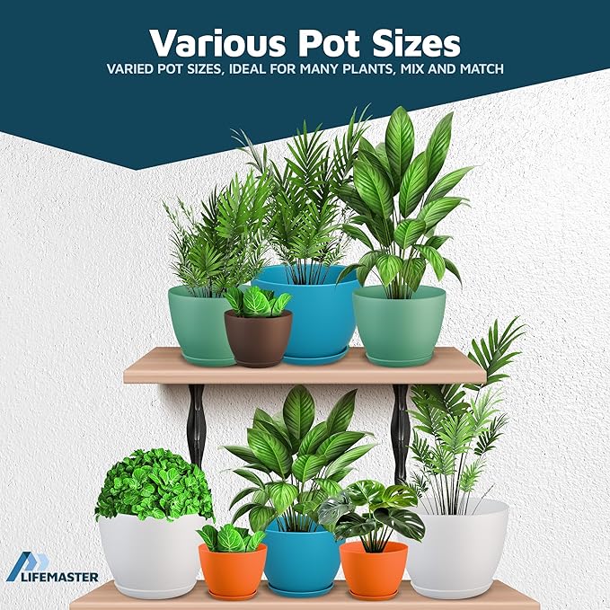 Multicolor Plant Pots with Drainage Holes & Saucers 5 Pack, Indoor & Outdoor Stackable Space-Saving Planters for Houseplants & Flowers, (7", 6.7", 6", 5.3", and 4.8" Inches), Durable & Weatherproof