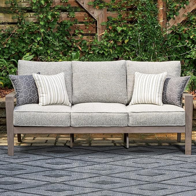 Signature Design by Ashley Hillside Barn Contemporary Nuvella Weather Resistant Fabric Outdoor Sofa with Cushion and 4 Throw Pillows, Light Brown & Light Gray